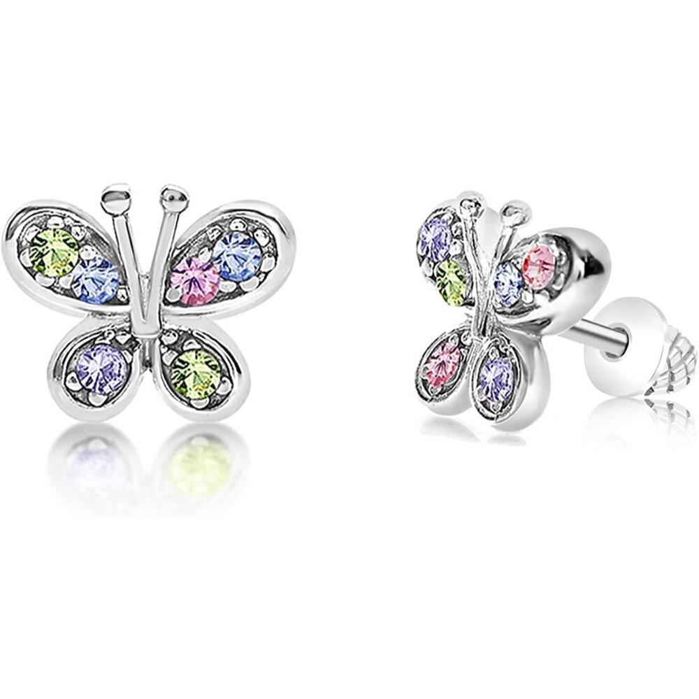 Women's Butterfly Earrings White Gold Toned Baby Screwback & Hoop